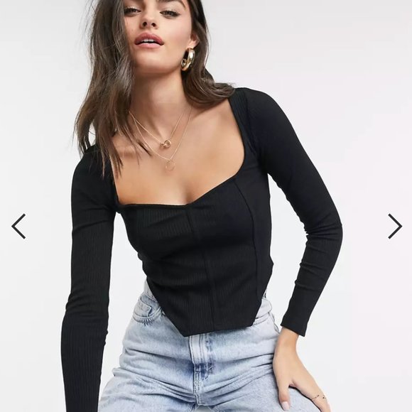 ASOS DESIGN rib fitted corset top with ultra wide neck in black Size US 14 - Picture 1 of 7